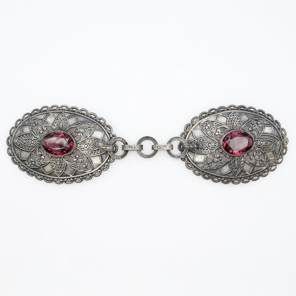 Antique Czech Silver Tone Openwork Faceted Simulated Amethyst Cloak Clasp 1920s - Picture 1 of 5